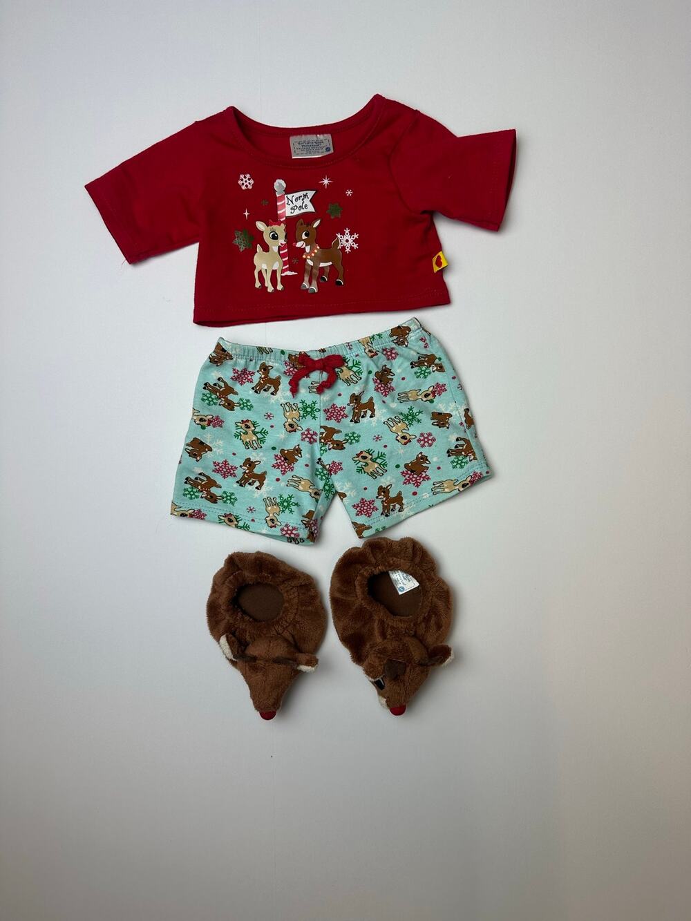 Build-A-Bear Workshop Rudolph the Red-Nosed Reindeer Christmas outfit set.
